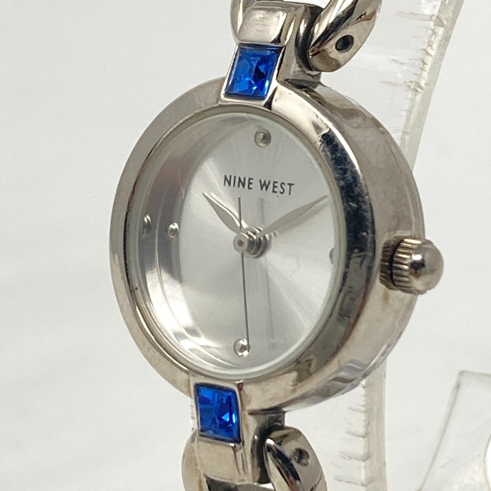 Vintage Nine West Womens Watch 22mm Silver Tone Blue Crystals New Battery 6.5"